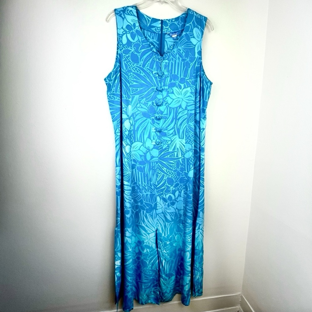 Vintage Blue Ginger Tropical Hawaiian Maxi Dress Large